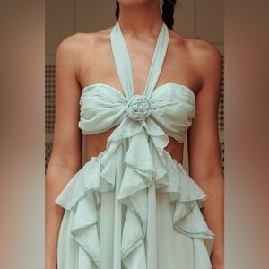 Selfie Leslie Santiago Sage Green Maxi Dress Cut-Out Ruffle Small